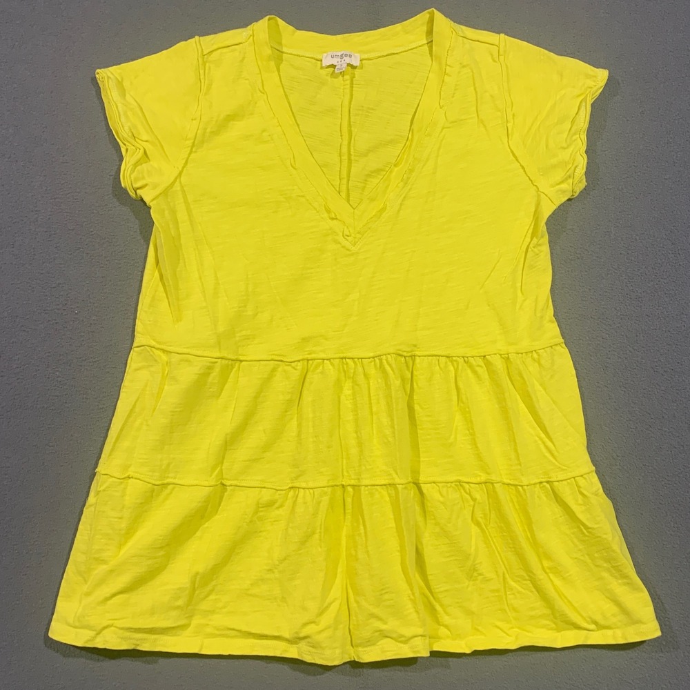 Umgee USA Bright Yellow Tiered Babydoll‎ V-Neck Cotton Slub Knit Top Small